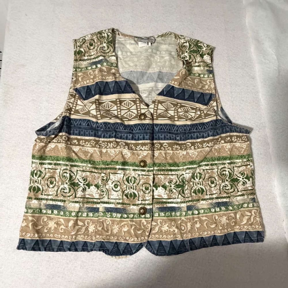 River Ridge Company Womens 2X Cotton Vest Geometric Floral Button Front USA Made